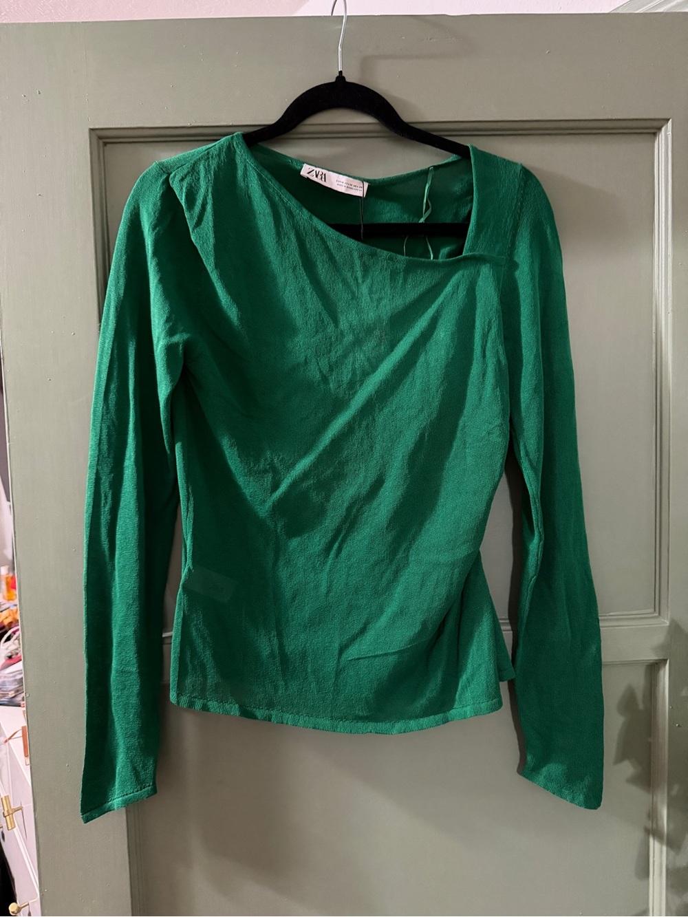Zara Emerald Green Long Sleeve Asymmetric Neck Top